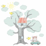 Naklejka ścienna dla dzieci - drzewko, drzewo, domek na drzewie, ptaszek, słoneczko, chmurki, chmury, samochodzik, samochód, misiek, miś, auto 2093 Naklejkomania - zdjecie 2 - miniatura