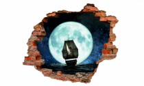 Naklejka na ścianę, dziura 3D  cegły statek żaglowiec morze księżyc 3129 Naklejkomania - zdjecie 2 - miniatura