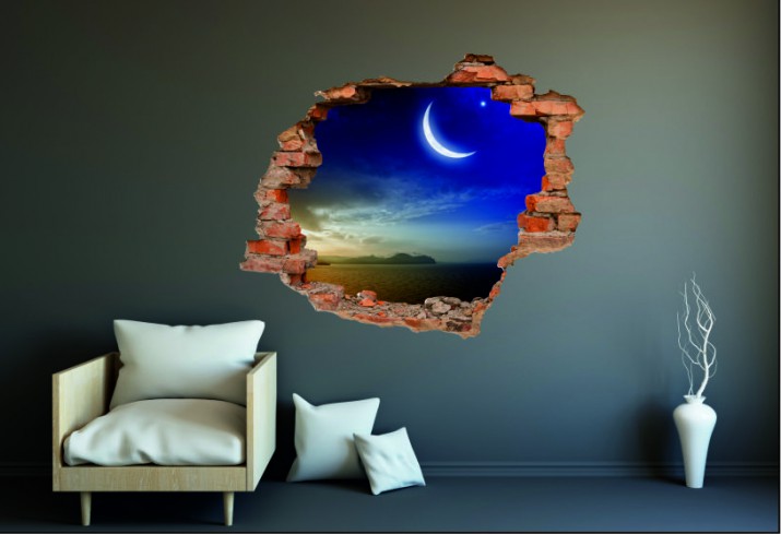 Naklejka na ścianę, dziura 3D  cegły noc morze księżyc 3130