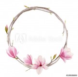 Watercolor magnolia wreath with branches,buds and flowers isolated on white background. Hand drawn spring illustration. Naklejkomania - zdjecie 1 - miniatura