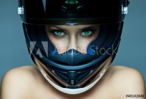 Sexy woman in helmet on blue background Naklejkomania - zdjecie 1 - miniatura