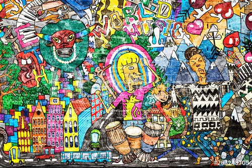 Cool music graffiti in urban style on the wall
