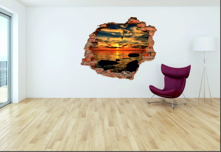Naklejka na ścianę, dziura 3D  cegły morze niebo zachód słońca 3117