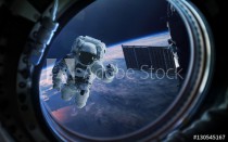 Earth planet and astronaut in space ship window porthole. Elements of this image furnished by NASA Naklejkomania - zdjecie 1 - miniatura
