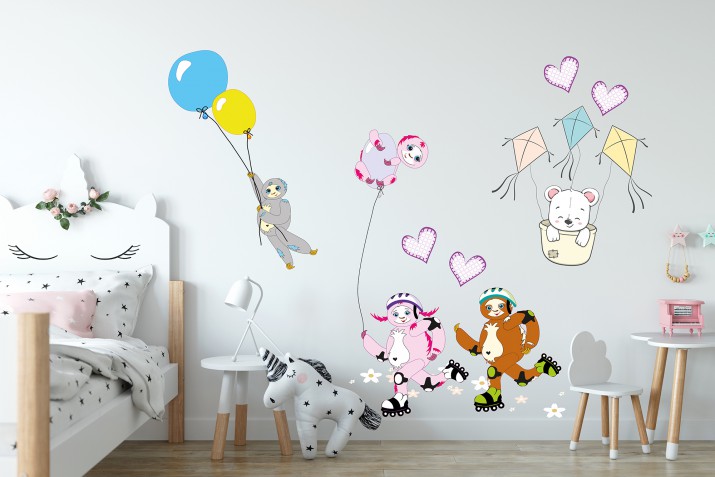 Naklejki na ścianę dla dzieci - 15144 leniwce balony serca