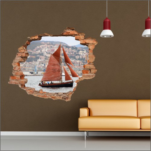 Naklejka na ścianę, dziura 3D  cegły miasto port statek żaglowiec morze  3169