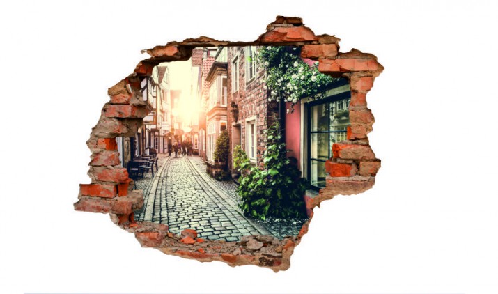 Naklejka na ścianę, dziura 3D  cegły uliczka miasto kamienica 3118 - zdjęcie 2