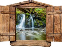 Naklejka na ścianę, dziura 3D drewniane okno las wodospad strumień 1020 Naklejkomania - zdjecie 2 - miniatura