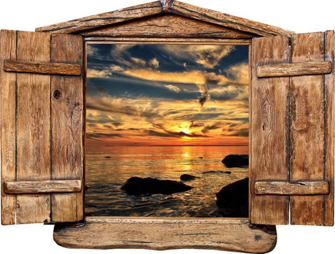 Naklejka na ścianę, dziura 3D drewniane okno zachód słońca morze 1015 Naklejkomania - zdjecie 1