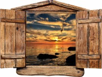 Naklejka na ścianę, dziura 3D drewniane okno zachód słońca morze 1015 Naklejkomania - zdjecie 1 - miniatura