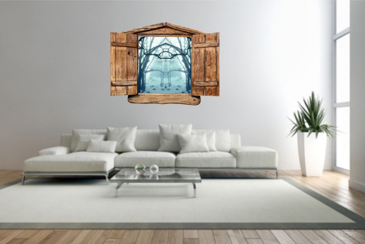 Naklejka na ścianę, dziura 3D drewniane okno las zima drzewa 1024