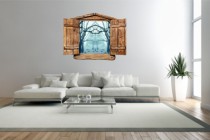 Naklejka na ścianę, dziura 3D drewniane okno las zima drzewa 1024 Naklejkomania - zdjecie 1 - miniatura