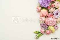 colorful flower composition on white background. roses and eustoma layout Naklejkomania - zdjecie 1 - miniatura