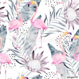 Abstract tropical pattern with flamingo, protea, leaves. Watercolor seamless print. Minimalism illustration Naklejkomania - zdjecie 1 - miniatura