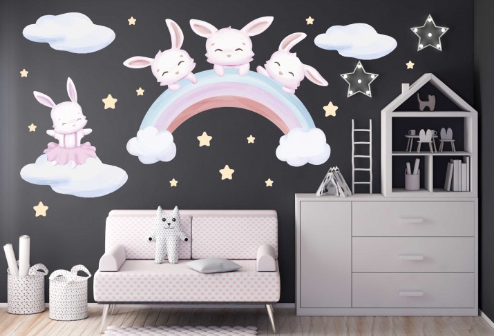 Naklejki dla dzieci dziecka na ścianę tęcza i pastelowe króliczki 20156 Naklejkomania - zdjecie 1