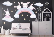 Naklejki dla dzieci dziecka na ścianę tęcza i pastelowe króliczki 20156 Naklejkomania - zdjecie 1 - miniatura