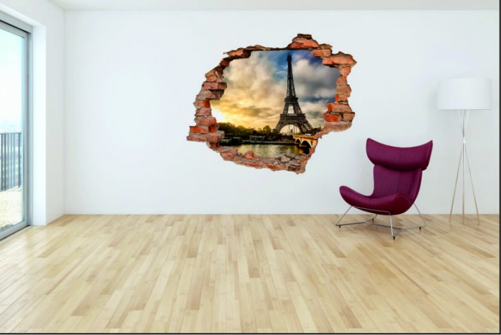 Naklejka na ścianę, dziura 3D  cegły miasto Paryż Wieża Eiffla niebo 3094 Naklejkomania - zdjecie 1