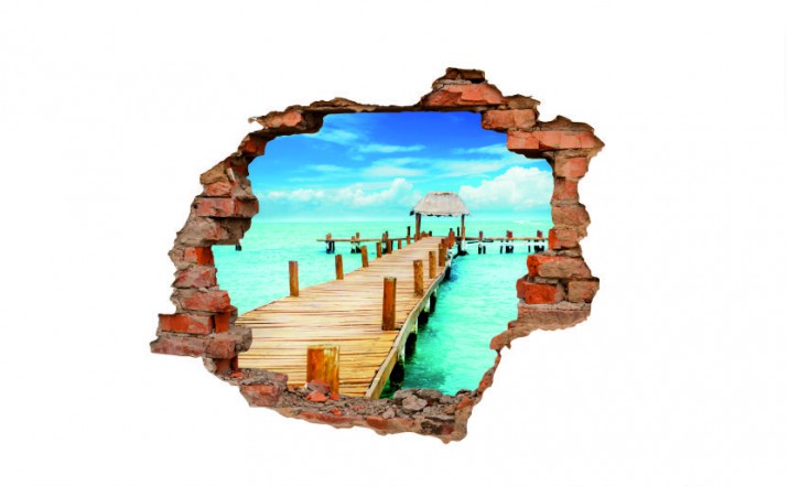 Naklejka na ścianę, dziura 3D  cegły morze plaża pomost 3078 - zdjęcie 2