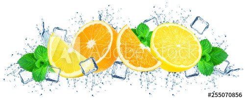 oranges and lemon with water splash and ice cubes isolated on white