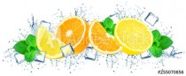 oranges and lemon with water splash and ice cubes isolated on white Naklejkomania - zdjecie 1 - miniatura
