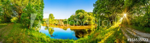 Landschaft im Sommer mit Fluss, Sonne, Weg und Wald