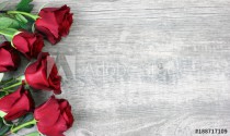 Beautiful Red Roses Still Life Over Rustic Wooden Background, Flowers Border, Shot From Above Naklejkomania - zdjecie 1 - miniatura