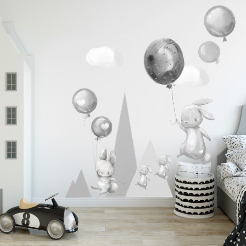 Naklejki na ścianę dla dzieci  króliki góry 41036 szare balony Naklejkomania - zdjecie 1