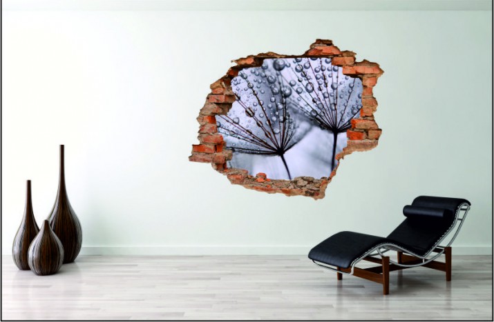 Naklejka na ścianę, dziura 3D  cegły dmuchawiec kwiat rosa 3020 Naklejkomania - zdjecie 1