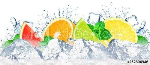 citruses water splash and ice cubes isolated on the white