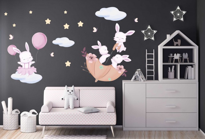 Naklejki dla dzieci dziecka na ścianę pastelowe króliczki w parasolce 20157 Naklejkomania - zdjecie 1