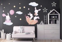 Naklejki dla dzieci dziecka na ścianę pastelowe króliczki w parasolce 20157 Naklejkomania - zdjecie 1 - miniatura