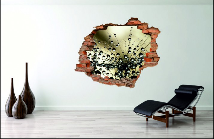 Naklejka na ścianę, dziura 3D  cegły dmuchawiec kwiat rosa 3018 Naklejkomania - zdjecie 1
