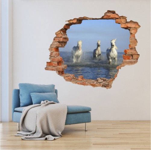 Naklejka na ścianę, dziura 3D  cegły konie galop morze 3195 Naklejkomania - zdjecie 1