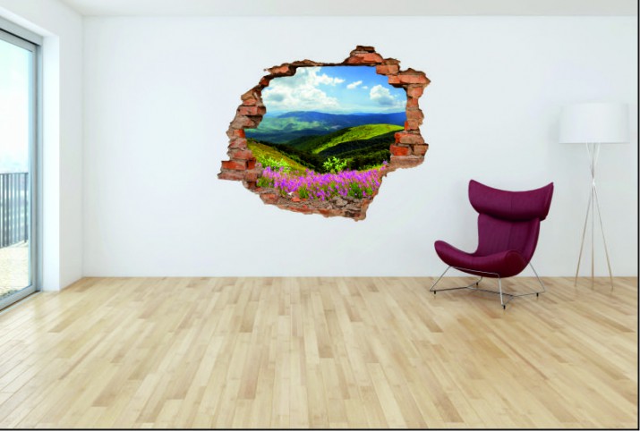 Naklejka na ścianę, dziura 3D  cegły góry szlak kwiaty 3090 Naklejkomania - zdjecie 1