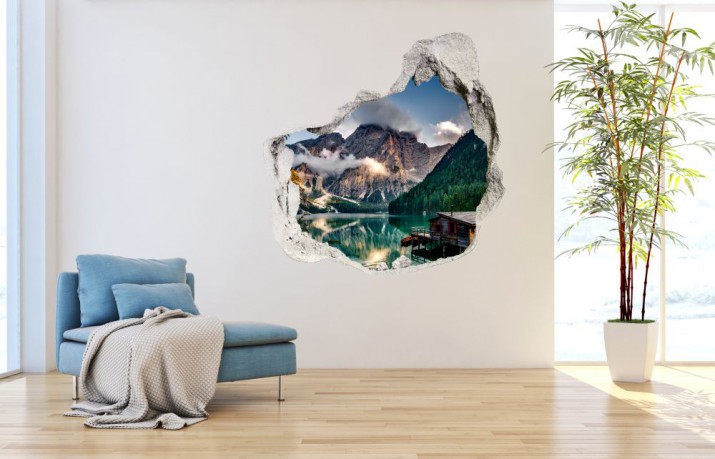 Naklejka na ścianę, dziura 3D jezioro niebo las góry 3591