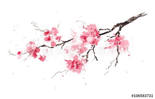 Sakura branch. Original watercolor painting.