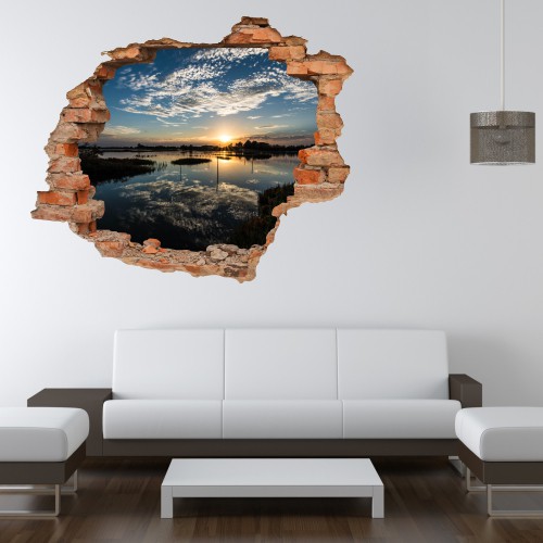 Naklejka na ścianę, dziura 3D  cegły morze niebo zachód słońca 3189