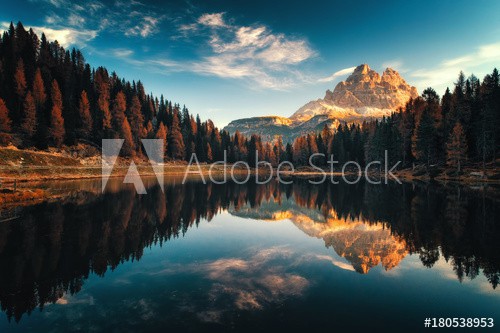 Aerial view of Lago Antorno, Dolomites, Lake mountain landscape with Alps peak , Misurina, Cortina d'Ampezzo, Italy