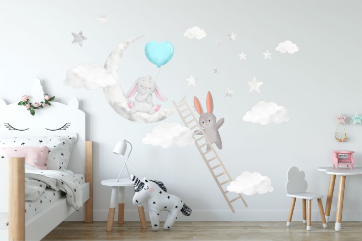WYPRZEDAŻ Naklejki dla dzieci dziecka na ścianę króliczek na księżycu 40344 80x160 Naklejkomania - zdjecie 1