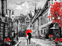 oil painting on canvas european city. Hungary. street view of Budapest. Artwork. people under a red umbrella. Tree. Nigrht and moon. Naklejkomania - zdjecie 1 - miniatura