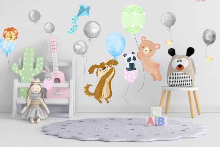 Naklejki dla dzieci na ścianę zwierzęta z balonami 41174
