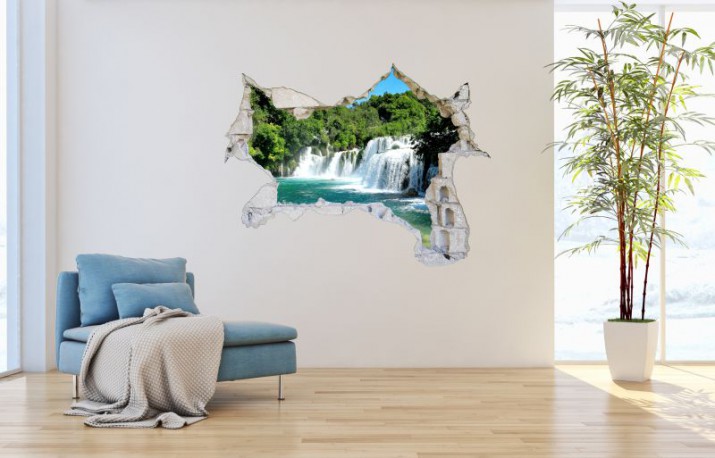 Naklejka na ścianę, dziura 3D las drzewa jezioro wodospad 3526 Naklejkomania - zdjecie 1