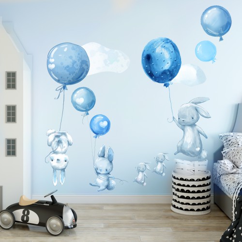 Naklejki dla dzieci na ścianę króliki balony niebieskie 41069 Naklejkomania - zdjecie 1