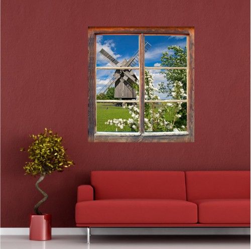 Naklejka na ścianę, dziura 3D okno łąka wiatrak 3175 Naklejkomania - zdjecie 1