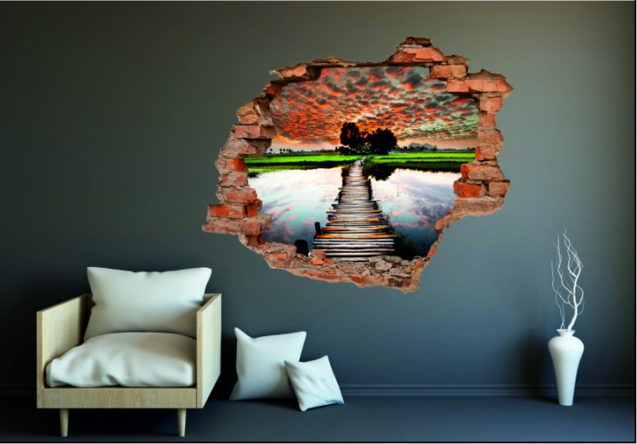 Naklejka na ścianę, dziura 3D  cegły jezioro drzewo niebo zachód słońca 3122 Naklejkomania - zdjecie 1