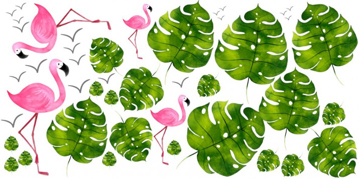 Naklejki dla dzieci - bajka, ptaki flamingi liście monstera 10312 - zdjęcie 2