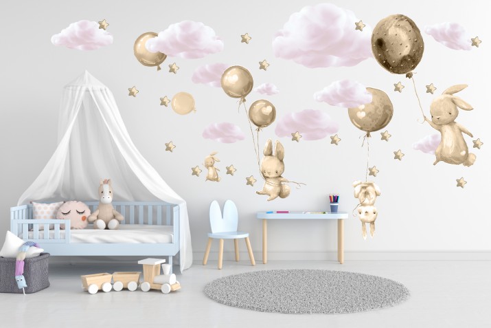 Naklejki dla dzieci na ścianę 41442 balony chmurki królik Naklejkomania - zdjecie 1