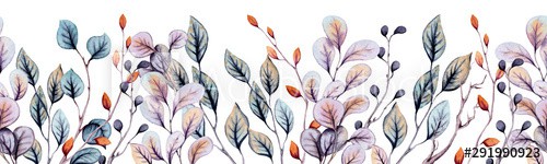 Seamless Border of Watercolor Autumn Leaves and Herbs