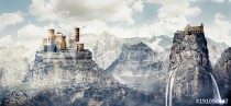 Fantasy photomanipulation of medieval landscape in winter with castle and ruins Naklejkomania - zdjecie 1 - miniatura