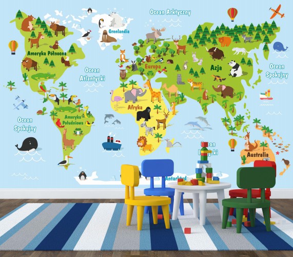Tapeta Flizelinowa na ścianę tapeta na flizelinie dla dzieci młodzieży Mapa świata kolorowa 10688